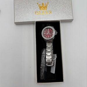 OLEVS Women's Luxury Watch Silver Red Dial Crystal Bezel Stainless‎